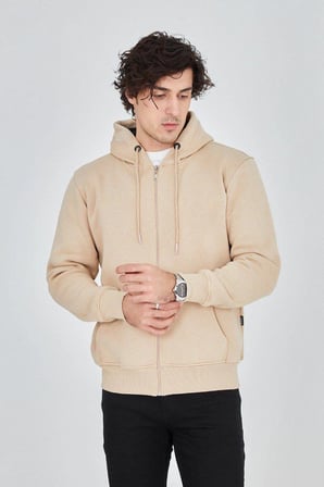 Erkek 3 İplik Pamuklu Fermuarlı Kapüşonlu Kanguru Cepli Hoodie Hırka Sweatshirt -Bej
