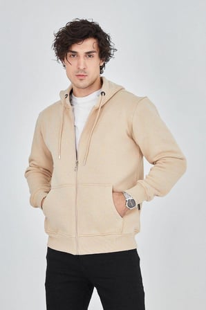 Erkek 3 İplik Pamuklu Fermuarlı Kapüşonlu Kanguru Cepli Hoodie Hırka Sweatshirt -Bej
