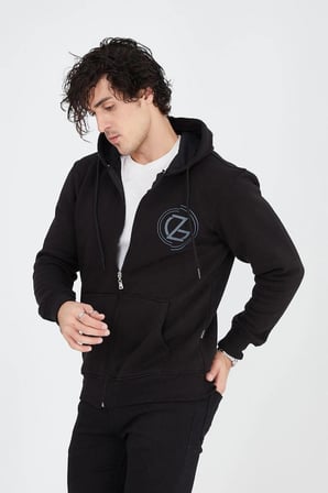 Erkek  İplik Pamuklu Fermuarlı Kapüşonlu Kanguru Cepli Baskılı Hoodie Hırka Sweatshirt - Siyah