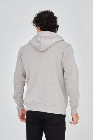 Erkek  İplik Pamuklu Fermuarlı Kapüşonlu Kanguru Cepli Baskılı Hoodie Hırka Sweatshirt - Boyalı Gri