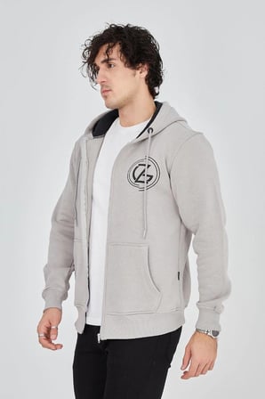 Erkek  İplik Pamuklu Fermuarlı Kapüşonlu Kanguru Cepli Baskılı Hoodie Hırka Sweatshirt - Boyalı Gri