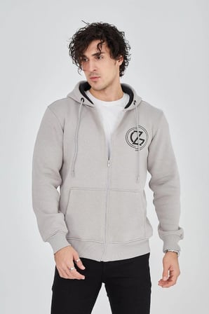 Erkek  İplik Pamuklu Fermuarlı Kapüşonlu Kanguru Cepli Baskılı Hoodie Hırka Sweatshirt - Boyalı Gri