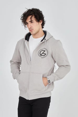 Erkek  İplik Pamuklu Fermuarlı Kapüşonlu Kanguru Cepli Baskılı Hoodie Hırka Sweatshirt - Boyalı Gri