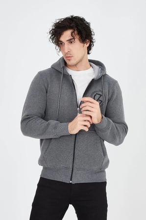 Erkek  İplik Pamuklu Fermuarlı Kapüşonlu Kanguru Cepli Baskılı Hoodie Hırka Sweatshirt - Füme
