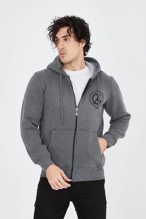 Erkek  İplik Pamuklu Fermuarlı Kapüşonlu Kanguru Cepli Baskılı Hoodie Hırka Sweatshirt - Füme
