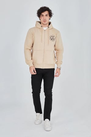 Erkek  İplik Pamuklu Fermuarlı Kapüşonlu Kanguru Cepli Baskılı Hoodie Hırka Sweatshirt - Bej
