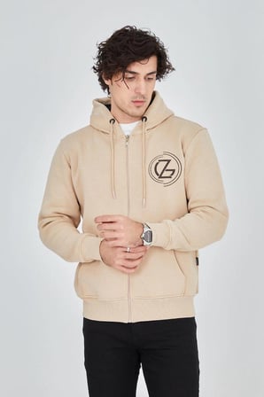 Erkek  İplik Pamuklu Fermuarlı Kapüşonlu Kanguru Cepli Baskılı Hoodie Hırka Sweatshirt - Bej