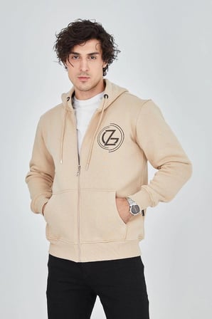 Erkek  İplik Pamuklu Fermuarlı Kapüşonlu Kanguru Cepli Baskılı Hoodie Hırka Sweatshirt - Bej