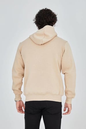 Erkek  İplik Pamuklu Fermuarlı Kapüşonlu Kanguru Cepli Baskılı Hoodie Hırka Sweatshirt - Bej