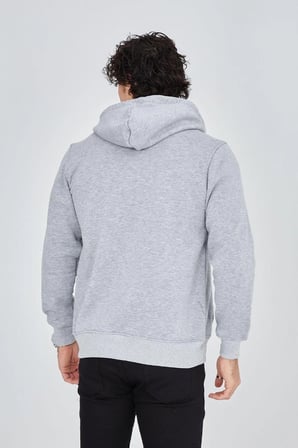 Erkek  İplik Pamuklu Fermuarlı Kapüşonlu Kanguru Cepli Baskılı Hoodie Hırka Sweatshirt -Gri
