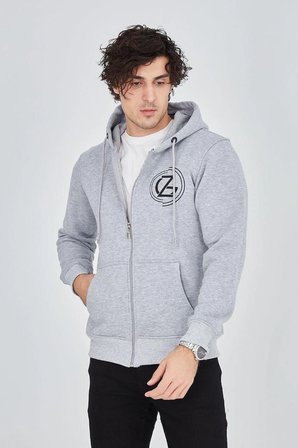Erkek  İplik Pamuklu Fermuarlı Kapüşonlu Kanguru Cepli Baskılı Hoodie Hırka Sweatshirt -Gri