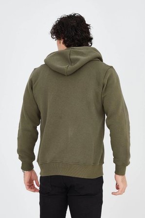 Erkek  İplik Pamuklu Fermuarlı Kapüşonlu Kanguru Cepli Baskılı Hoodie Hırka Sweatshirt - Yeşil