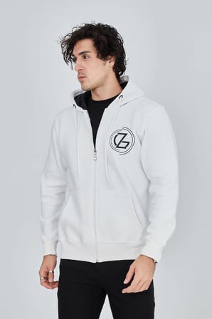 Erkek  İplik Pamuklu Fermuarlı Kapüşonlu Kanguru Cepli Baskılı Hoodie Hırka Sweatshirt - Beyaz