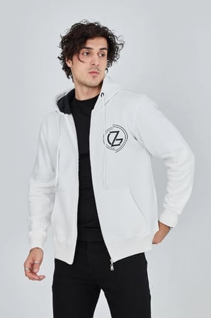 Erkek  İplik Pamuklu Fermuarlı Kapüşonlu Kanguru Cepli Baskılı Hoodie Hırka Sweatshirt - Beyaz