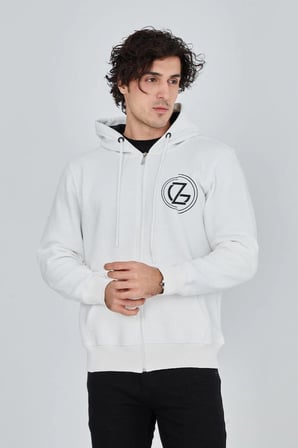 Erkek  İplik Pamuklu Fermuarlı Kapüşonlu Kanguru Cepli Baskılı Hoodie Hırka Sweatshirt - Beyaz