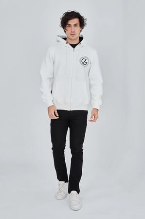 Erkek  İplik Pamuklu Fermuarlı Kapüşonlu Kanguru Cepli Baskılı Hoodie Hırka Sweatshirt - Beyaz