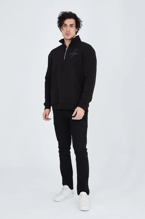 Erkek Yarım Fermuarlı Baskılı   iplik pamuklu sweatshirt - Siyah