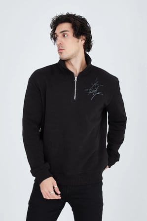 Erkek Yarım Fermuarlı Baskılı   iplik pamuklu sweatshirt - Siyah
