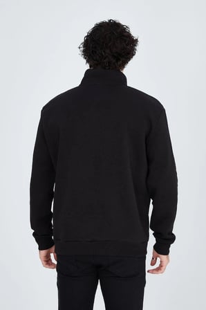 Erkek Yarım Fermuarlı Baskılı   iplik pamuklu sweatshirt - Siyah
