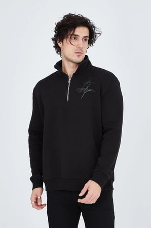 Erkek Yarım Fermuarlı Baskılı   iplik pamuklu sweatshirt - Siyah