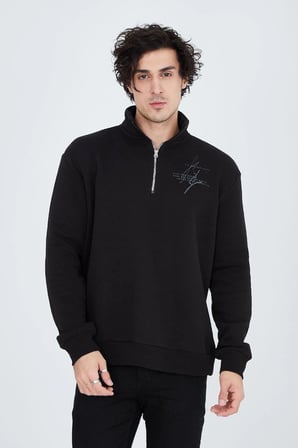 Erkek Yarım Fermuarlı Baskılı   iplik pamuklu sweatshirt - Siyah