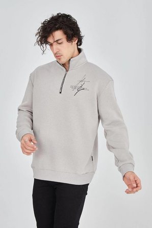 Erkek Yarım Fermuarlı Baskılı  iplik pamuklu sweatshirt - Boyalı Gri