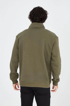 Erkek Yarım Fermuarlı Baskılı  iplik pamuklu sweatshirt - Yeşil