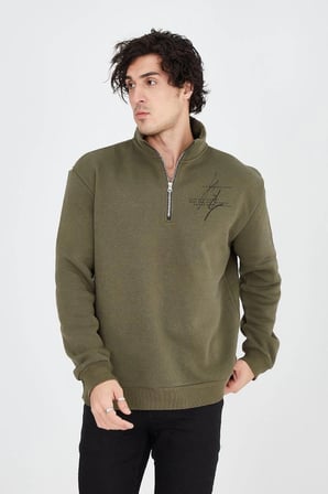 Erkek Yarım Fermuarlı Baskılı  iplik pamuklu sweatshirt - Yeşil