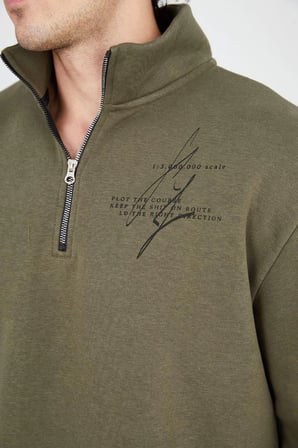 Erkek Yarım Fermuarlı Baskılı  iplik pamuklu sweatshirt - Yeşil