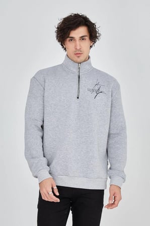 Erkek Yarım Fermuarlı Baskılı  iplik pamuklu sweatshirt - Gri