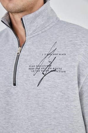 Erkek Yarım Fermuarlı Baskılı  iplik pamuklu sweatshirt - Gri