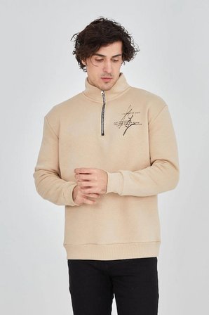 Erkek Yarım Fermuarlı Baskılı  iplik pamuklu sweatshirt - Bej