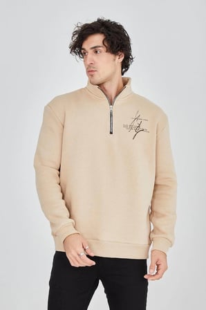 Erkek Yarım Fermuarlı Baskılı  iplik pamuklu sweatshirt - Bej