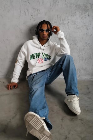 Erkek  İplik Pamuklu Kapüşonlu Baskılı Cepli Oversize Sweatshirt Hoodie - Beyaz