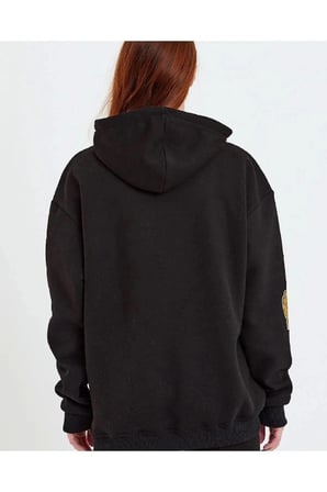Kadın Oversize Kapüşonlu Cepli Ön Kol Baskılı  İplik Pamuklu Hoodie Sweatshirt - Siyah