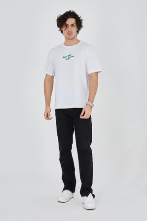 Erkek Baskılı T-Shirt Kısa Kol Bisiklet Yaka Regular Fit Rahat Kalıp Günlük Tişört - Beyaz