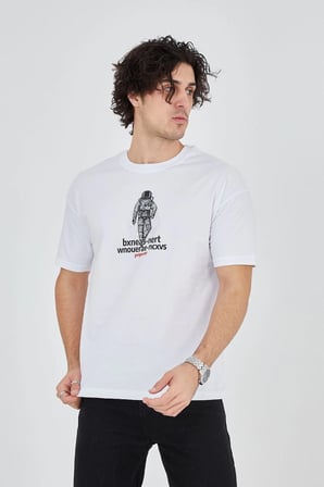Erkek Baskılı T-Shirt Kısa Kol Bisiklet Yaka Regular Fit Rahat Kalıp Günlük Tişört - Beyaz