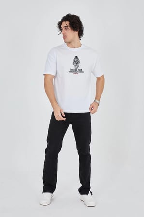 Erkek Baskılı T-Shirt Kısa Kol Bisiklet Yaka Regular Fit Rahat Kalıp Günlük Tişört - Beyaz