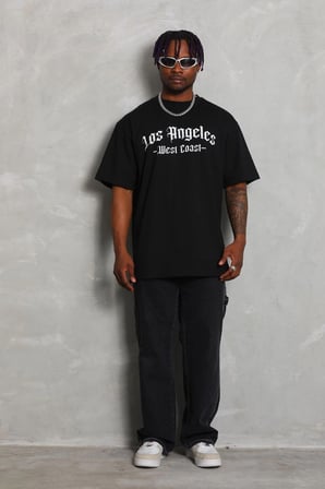 Erkek Baskılı Tişört Kısa Kol Bisiklet Yaka Oversize T-Shirt - Siyah