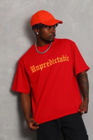 Erkek Baskılı Tişört Kısa Kol Bisiklet Yaka Oversize T-Shirt - Kırmızı
