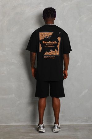 Erkek Baskılı Tişört Kısa Kol Bisiklet Yaka Oversize T-Shirt - Siyah