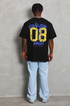 Erkek Baskılı Tişört Kısa Kol Bisiklet Yaka Oversize T-Shirt - Siyah