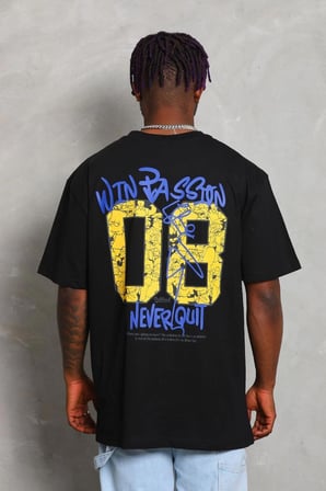 Erkek Baskılı Tişört Kısa Kol Bisiklet Yaka Oversize T-Shirt - Siyah