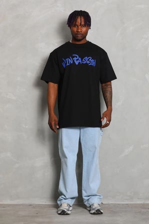 Erkek Baskılı Tişört Kısa Kol Bisiklet Yaka Oversize T-Shirt - Siyah