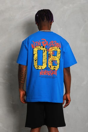 Erkek Baskılı Tişört Kısa Kol Bisiklet Yaka Oversize T-Shirt - Mavi