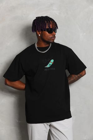Erkek Baskılı T-Shirt Kısa Kol Bisiklet Yaka Rahat Kalıp Tişört - Siyah