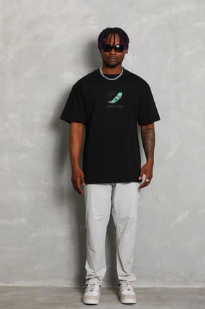 Erkek Baskılı T-Shirt Kısa Kol Bisiklet Yaka Rahat Kalıp Tişört - Siyah