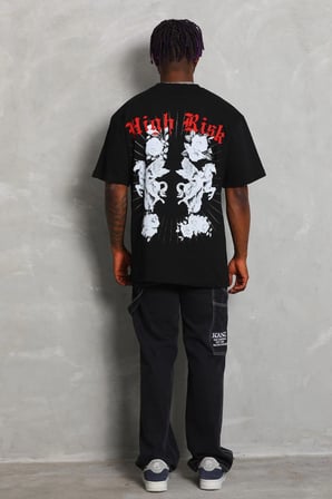 Erkek Kısa Kol Yazlık Tişört Bisiklet Yaka Baskılı Oversize T-Shirt - Siyah