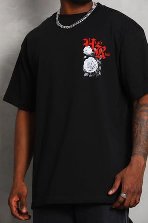 Erkek Kısa Kol Yazlık Tişört Bisiklet Yaka Baskılı Oversize T-Shirt - Siyah