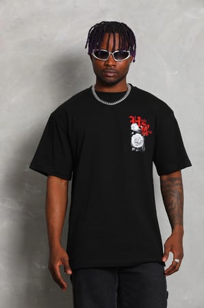 Erkek Kısa Kol Yazlık Tişört Bisiklet Yaka Baskılı Oversize T-Shirt - Siyah